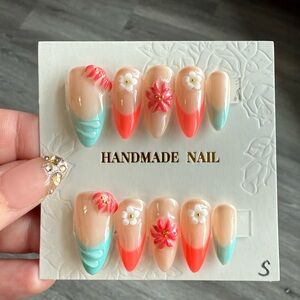 Handmade Floral Coral & Aqua Press-On Nails